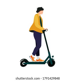 Millennial boy riding electric kick scooter vector illustration. Eco friendly flat style urban vehicle. Sharing service. E-scooter isolated on white background.