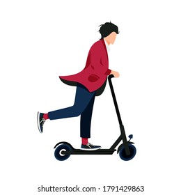 Millennial boy riding electric kick scooter vector illustration. Eco friendly flat style urban vehicle. Sharing service. E-scooter isolated on white background.