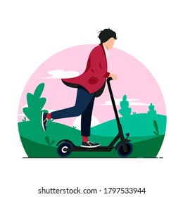 Millennial boy riding electric kick scooter vector illustration. Eco friendly flat style urban vehicle. Sharing service. E-scooter isolated on white background.