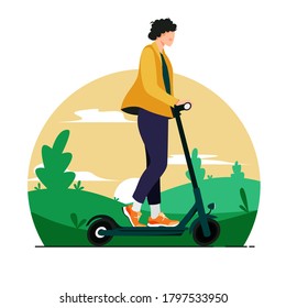 Niña milenaria de patada eléctrica patada ilustración vectorial. Vehículo urbano ecológico de estilo plano. Servicio compartido. E-scooter aislado sobre fondo blanco.