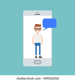 Millennial boy talking on the smart phone's screen concept / Editable flat vector illustration