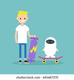 Millennial boy teaching a robot to ride on a skateboard / Flat editable vector illustration