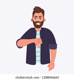 Millennial Business man show thumbs down Thumbs down dislike, hate or thumbs down dislike for social networks, Bad choice sign. Voting. Disapproval isolated vector icon