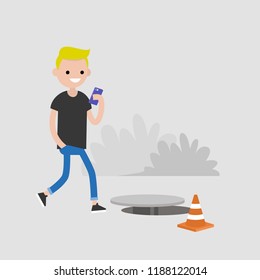 Millennial character addicted to smartphone. Nomophobia. Open canalization hatch. Flat editable vector illustration, clip art