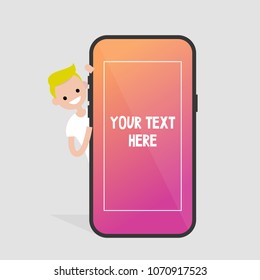 Millennial character peeping out from behind the mobile phone. Your text here. Template. Smart phone screen. Flat editable vector illustration, clip art