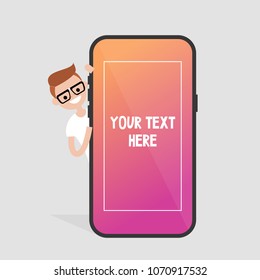 Millennial character peeping out from behind the mobile phone. Your text here. Template. Smart phone screen. Flat editable vector illustration, clip art