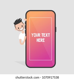 Millennial character peeping out from behind the mobile phone. Your text here. Template. Smart phone screen. Flat editable vector illustration, clip art