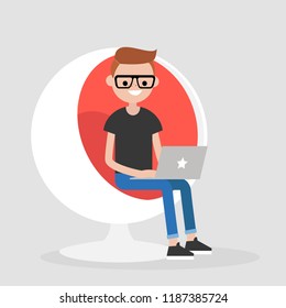 Millennial character sitting in a sphere chair and holding a laptop. Office Interior. Manager at work. Flat editable vector illustration, clip art