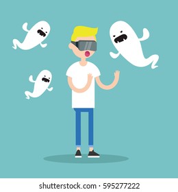 Millennial character surrounded by virtual ghosts / flat editable vector illustration, clip art