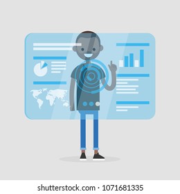 Millennial character touching a blue transparent futuristic screen. Conceptual future technologies / flat editable vector illustration, clip art