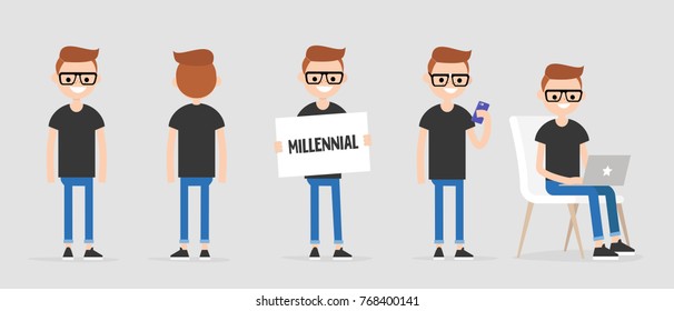 Millennial character in various poses: front and back view, holding a sign, checking the phone, working on a laptop. Lifestyle. Flat editable vector illustration, clip art