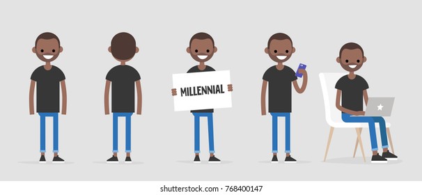 Millennial character in various poses: front and back view, holding a sign, checking the phone, working on a laptop. Lifestyle. Flat editable vector illustration, clip art