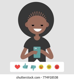 Millennial, conceptual illustration. Young black female character picking up the emoticon icon to rate the post in social media. Flat editable vector cartoon, clip art