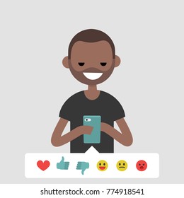 Millennial, conceptual illustration. Young black character picking up the emoticon icon to rate the post in social media. Flat editable vector cartoon, clip art