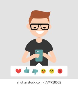 Millennial, conceptual illustration. Young character picking up the emoticon icon to rate the post in social media. Flat editable vector cartoon, clip art
