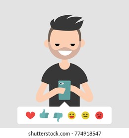 Millennial, Conceptual Illustration. Young Character Picking Up The Emoticon Icon To Rate The Post In Social Media. Flat Editable Vector Cartoon, Clip Art