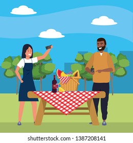 Millennial couple date selfie nature background