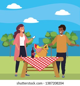 Millennial couple date selfie nature background