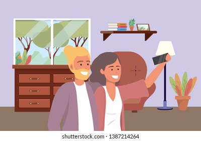 Millennial couple indoors background selfie