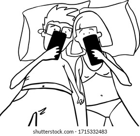 Millennial couple obsessed with smartphones, checking social networks at home, using phone apps relaxing together on a couch, lost in news online, a young man and woman texting or browsing on phones.