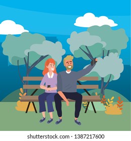 Millennial couple sitting on park bench background