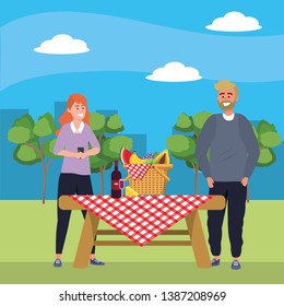 Millennial couple smartphone taking selfie picnic background