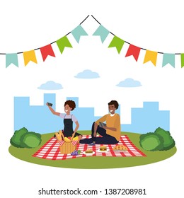 Millennial couple smartphone taking selfie picnic