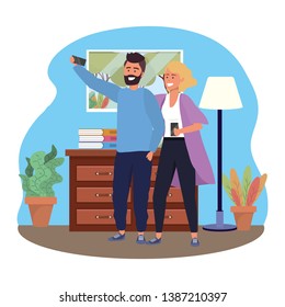 Millennial couple smartphone taking selfie indoors background