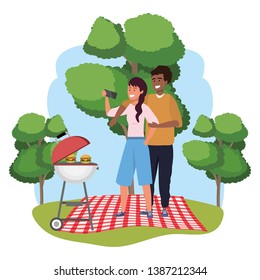 Millennial couple smartphone taking selfie background frame picnic