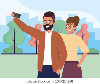 Millennial couple smartphone taking selfie outdoors background