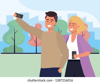Millennial couple smartphone taking selfie outdoors background