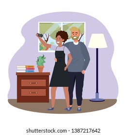 Millennial couple smartphone taking selfie indoors background
