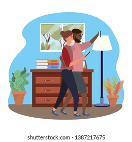 Millennial couple smartphone taking selfie indoors background frame