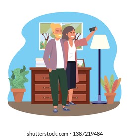 Millennial couple smartphone taking selfie indoors background frame