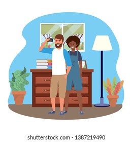 Millennial couple smartphone taking selfie indoors background frame