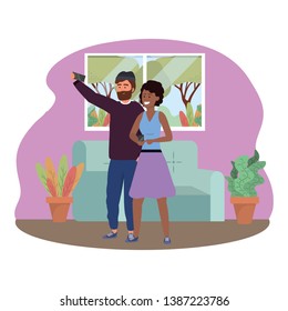 Millennial couple smartphone taking selfie indoors background