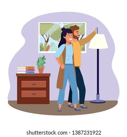 Millennial couple smartphone taking selfie indoors background frame