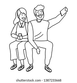 Millennial couple smartphone taking selfie black and white
