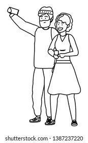 Millennial couple smartphone taking selfie black and white