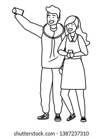 Millennial couple smartphone taking selfie black and white