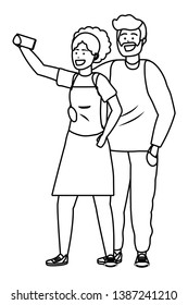 Millennial couple smartphone taking selfie black and white