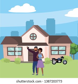 Millennial couple smiling selfie house background