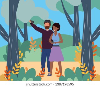 Millennial couple smiling selfie nature background