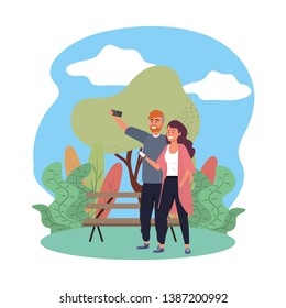 Millennial couple smiling selfie park bench n nature splarsh frame