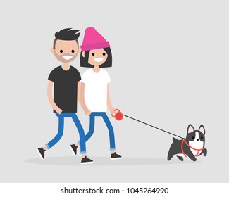 Millennial couple walking a dog. Daily life of pet owners. Flat editable vector illustration, clip art