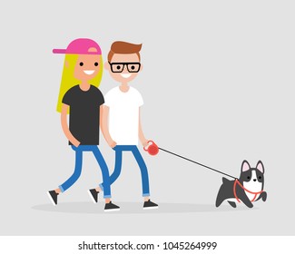 Millennial couple walking a dog. Daily life of pet owners. Flat editable vector illustration, clip art