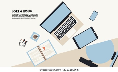 Millennial Desk for study. Workspace. Top View of Laptop, Phone, Tablet device, Coffee, Earphone, and book. Flat Design. Simple Vector Ilustration