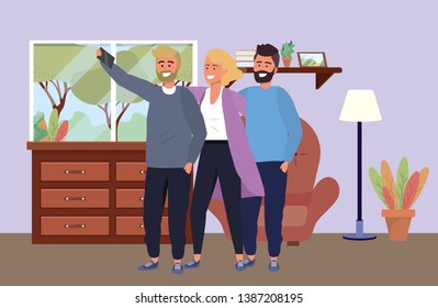 Millennial diverse group taking selfie indoors background