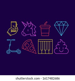 Millennial emojis vector line icons in neon