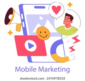 Millennial engagement in mobile marketing. A young man interacts with various social media elements emanating from a smartphone. Vector illustration.